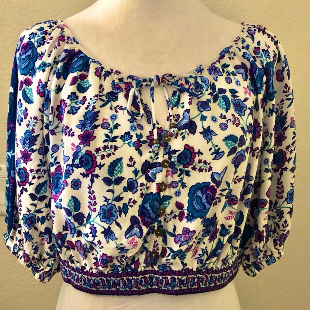 Joie Blue and Purple Floral Crop Blouse